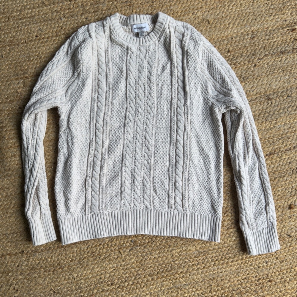 Goodfellow & Co Mens Fisherman Cable Knit Sweater Cream Off-White Large L cotton